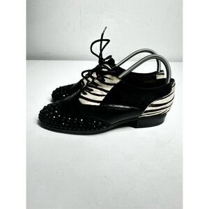 Café Noir Vintage Women Black Stads Zebra Fur Trim Leather Shoes Sz 36EU/5,5 US